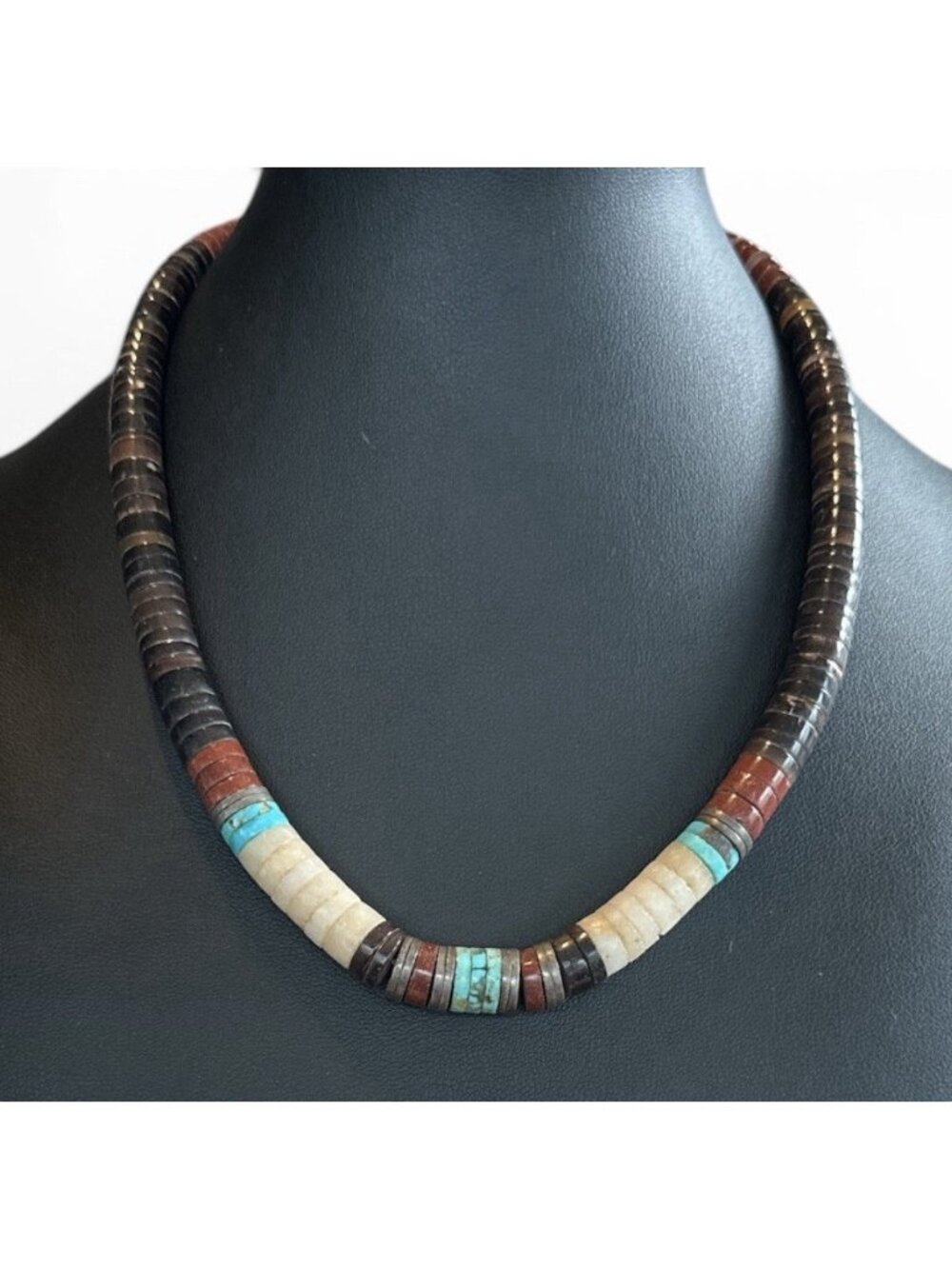 VTG Kewa Santo Domingo Pipestone Heishi Necklace Turquoise Shell Sterling Unisex